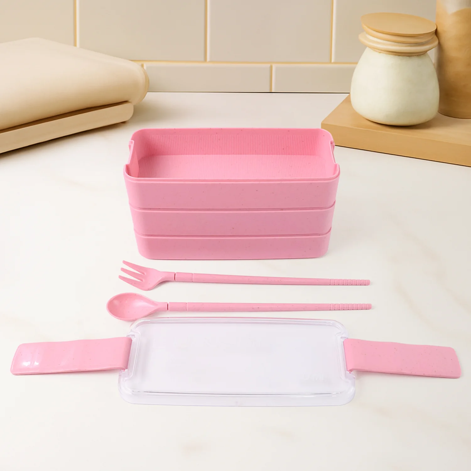 Eco-Friendly 3-Layer Stackable Lunch Box Set with Cutlery - Image 6