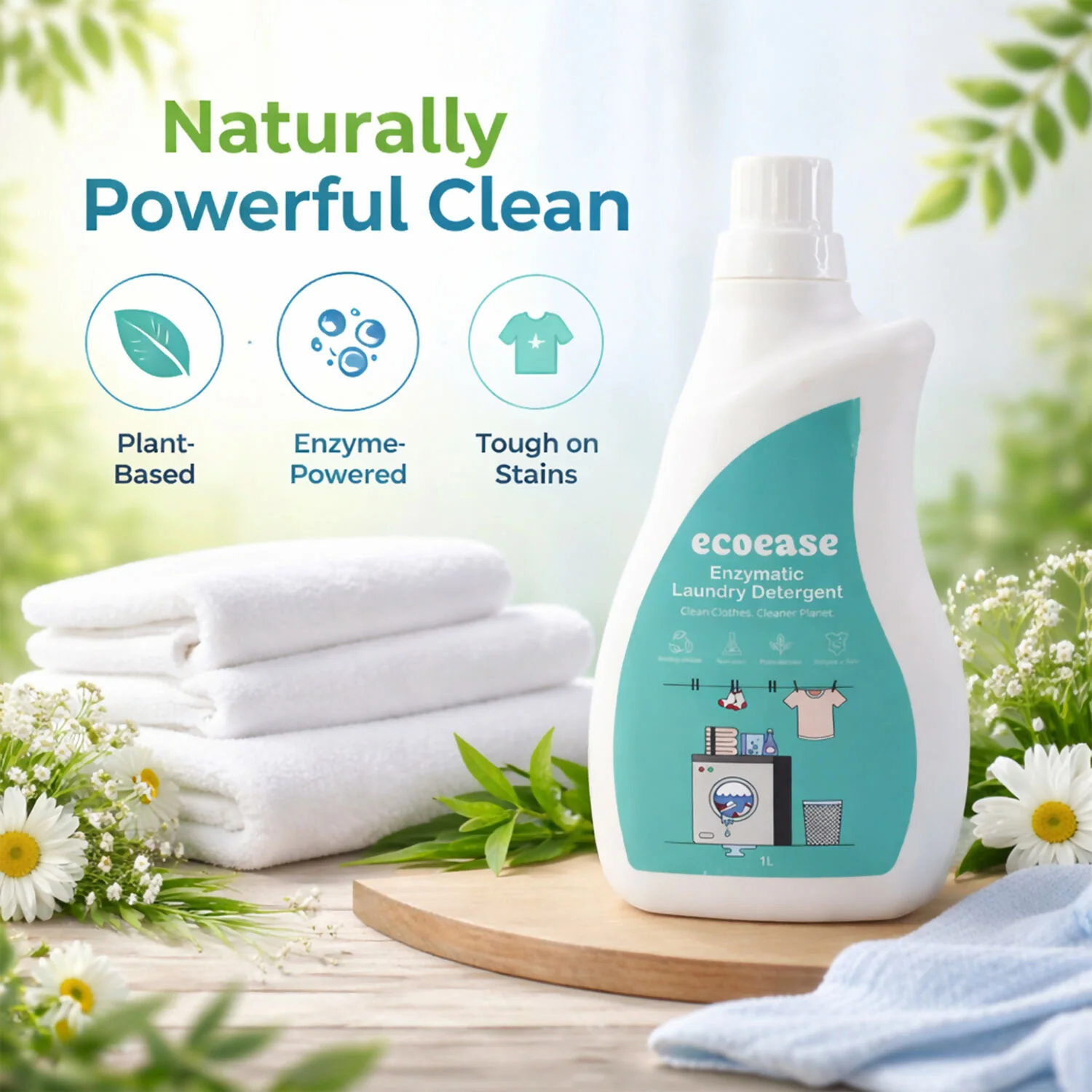 Ecoease Enzymatic Laundry Detergent Liquid, Plant Based Enzyme Powered Tough on Stains, (1L) - Image 2