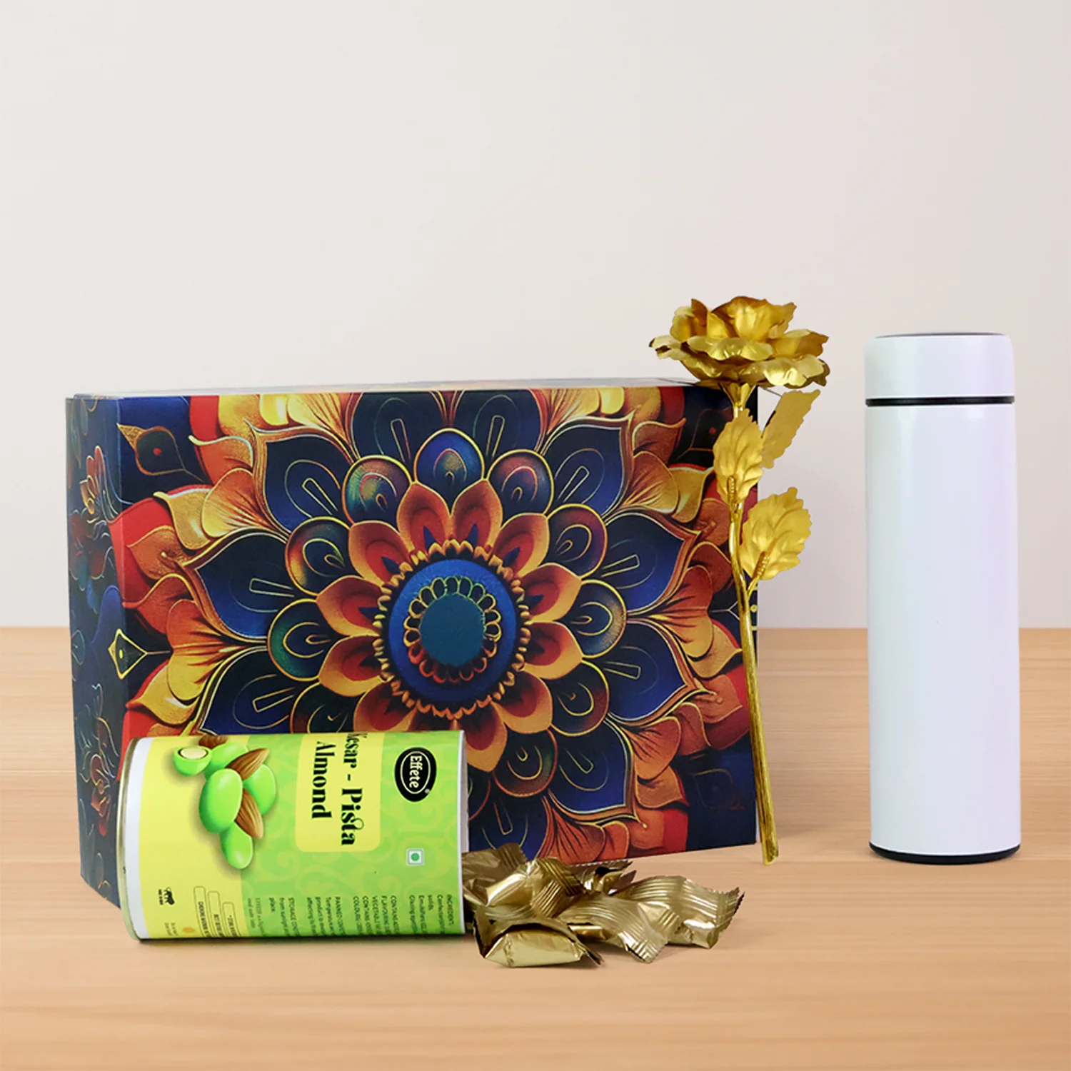 Effete Kesar Pista Almonds Gift Hamper, Golden Rose With Bottle (3 Pc Set) - Image 4