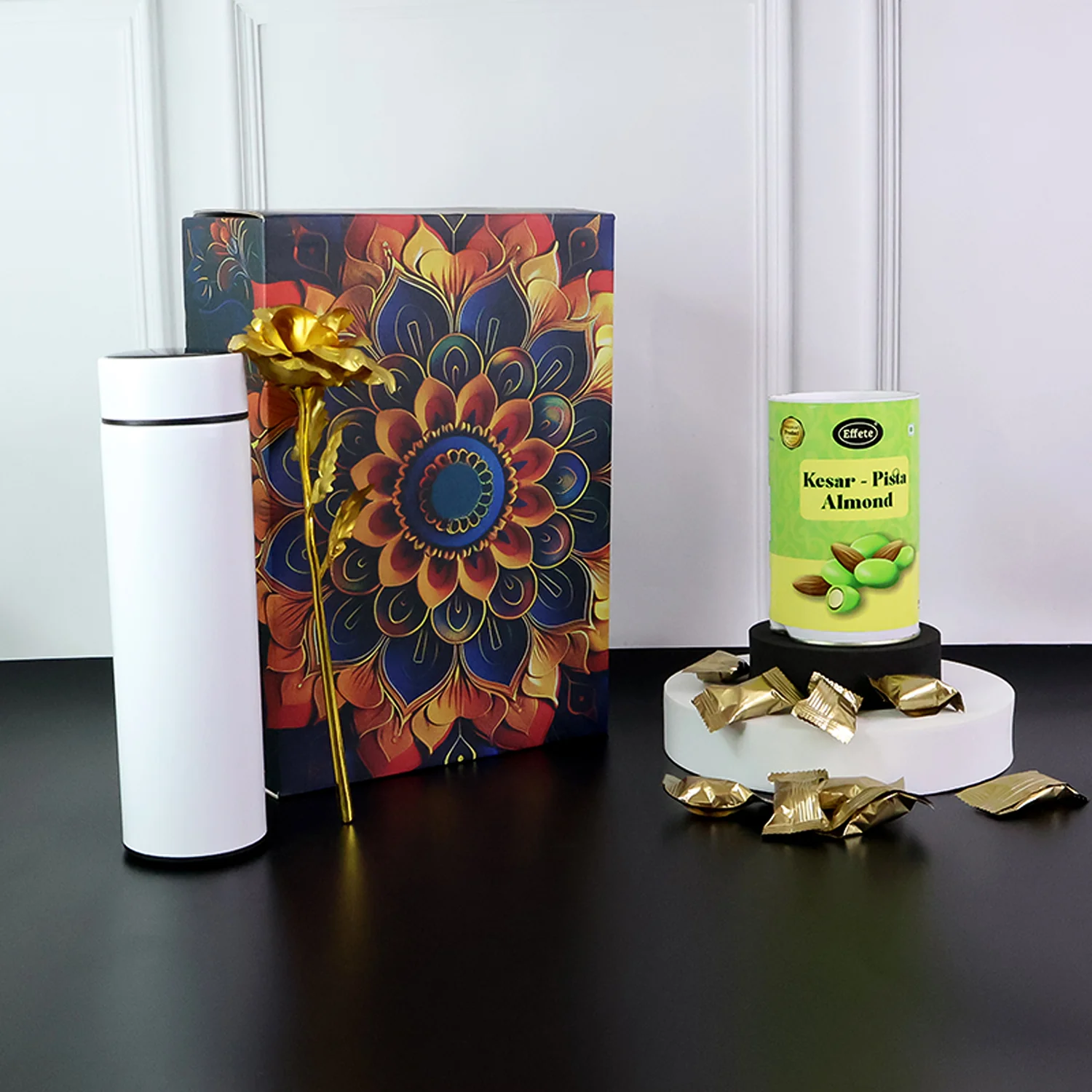 Effete Kesar Pista Almonds Gift Hamper, Golden Rose With Bottle (3 Pc Set) - Image 6