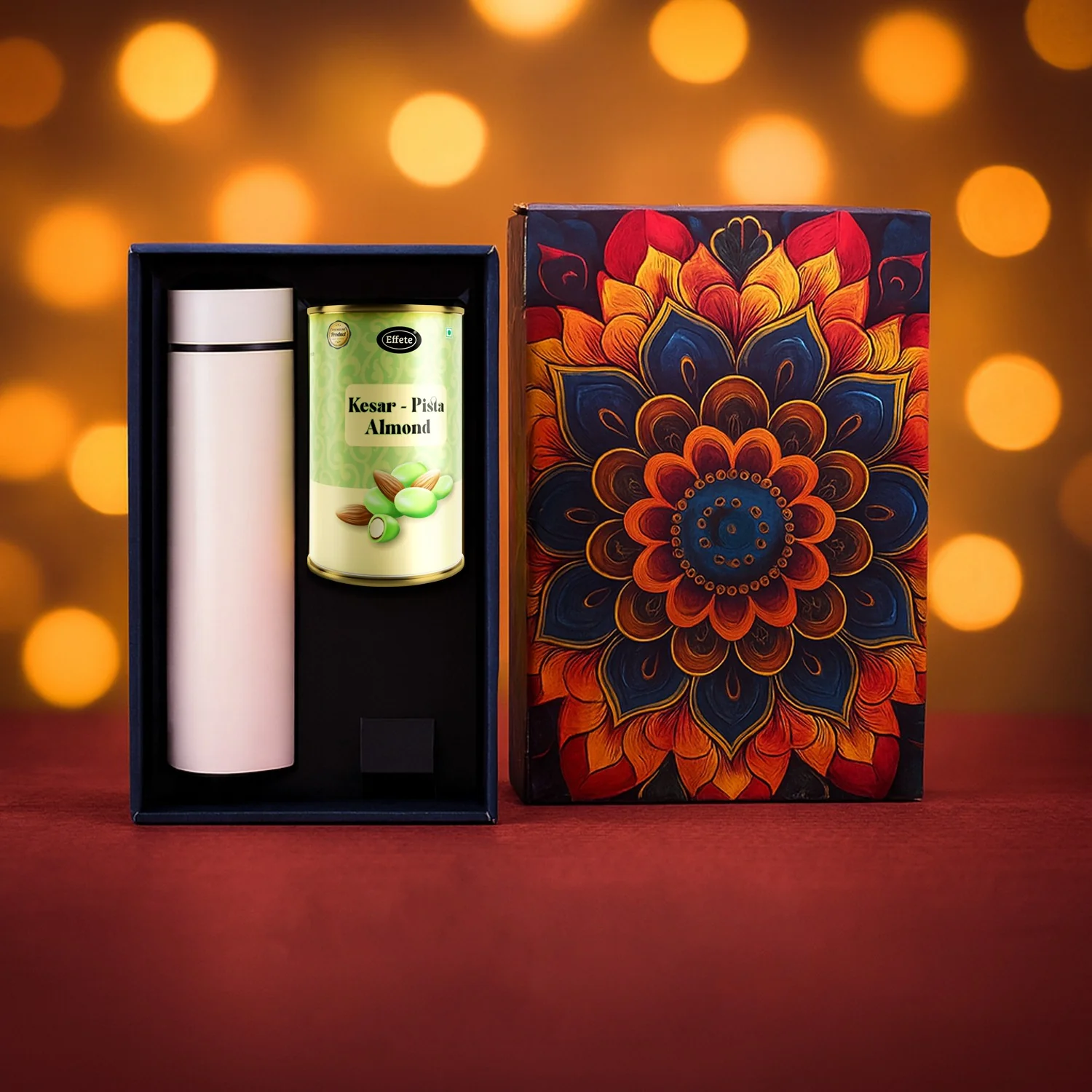 Effete Kesar Pista Almonds Gift Hamper, Golden With Bottle (2 Pc Set), Mix Color - Image 2