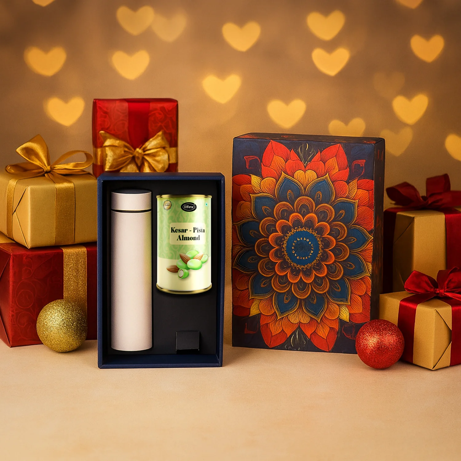 Effete Kesar Pista Almonds Gift Hamper, Golden With Bottle (2 Pc Set), Mix Color - Image 3