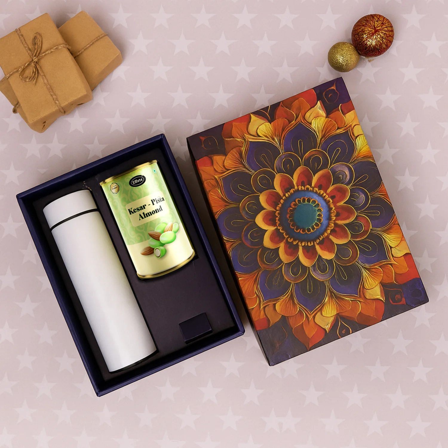 Effete Kesar Pista Almonds Gift Hamper, Golden With Bottle (2 Pc Set), Mix Color - Image 4