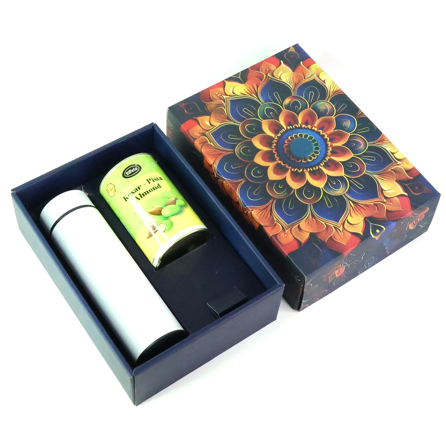 Effete Kesar Pista Almonds Gift Hamper, Golden With Bottle (2 Pc Set), Mix Color - Image 5