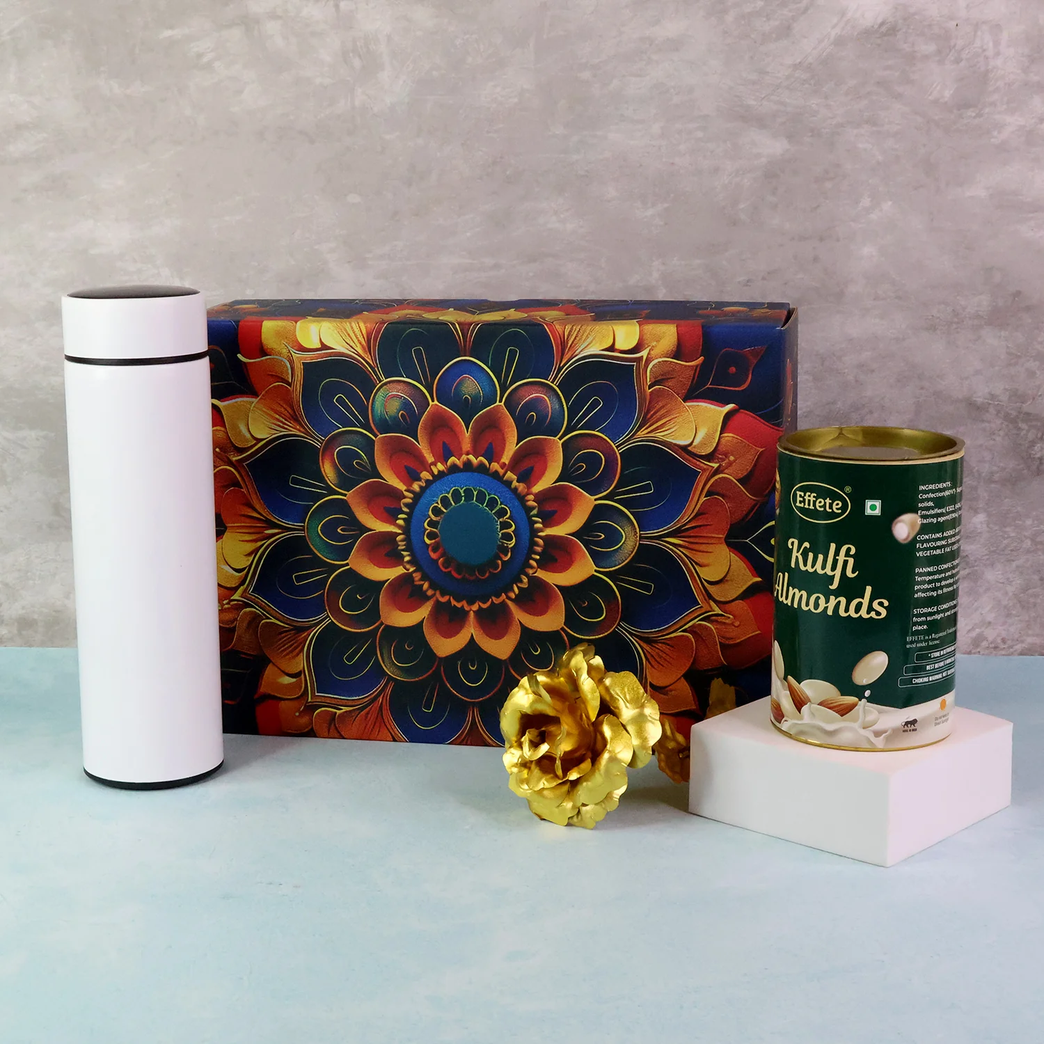 Effete Kulfi Almonds Gift Hamper, Golden Rose With Bottle (3 Pc Set), Mix Color - Image 2