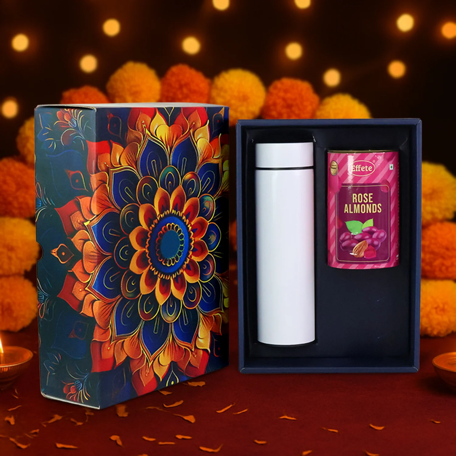 Effete Rose Almonds Gift Hamper, Golden With Bottle (2 Pc Set), Mix Color - Image 4
