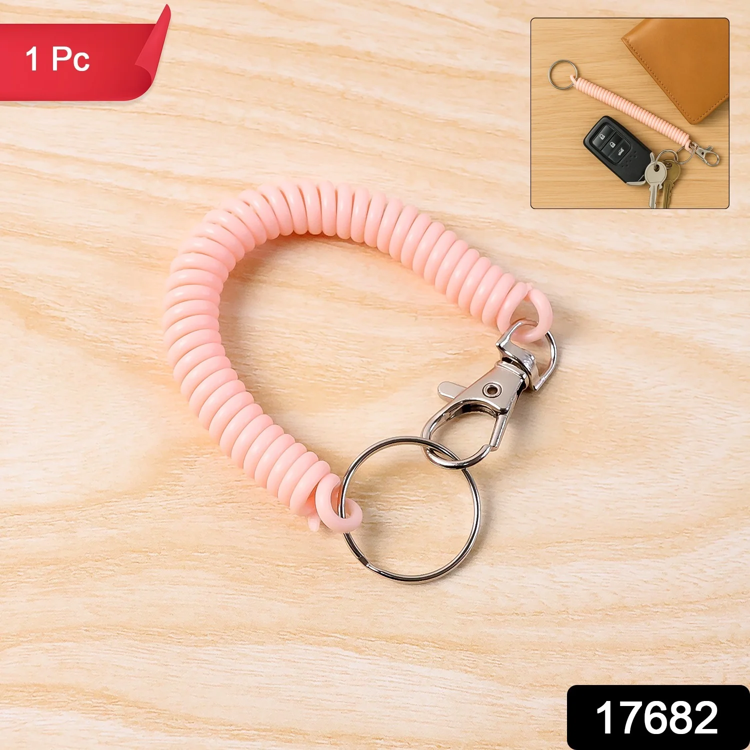 Elastic Spiral Coil Keychain Bracelet with Metal Key Ring and Clip Hook (1 Pc) - Image 2