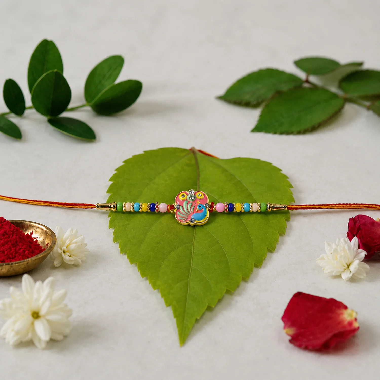 Colorful Peacock Design Rakhi with Decorative Beads (1 Pc) - Image 2