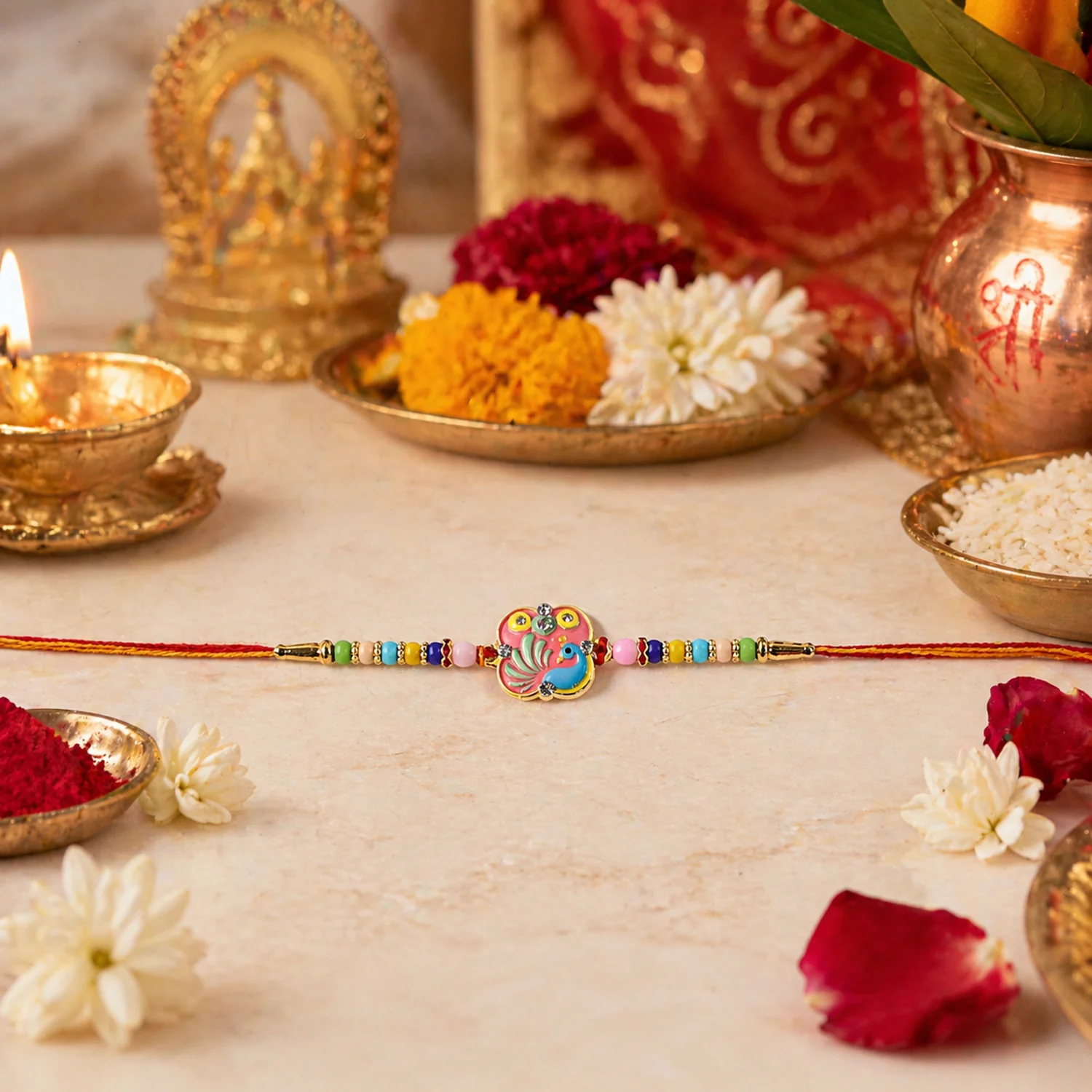 Colorful Peacock Design Rakhi with Decorative Beads (1 Pc) - Image 4