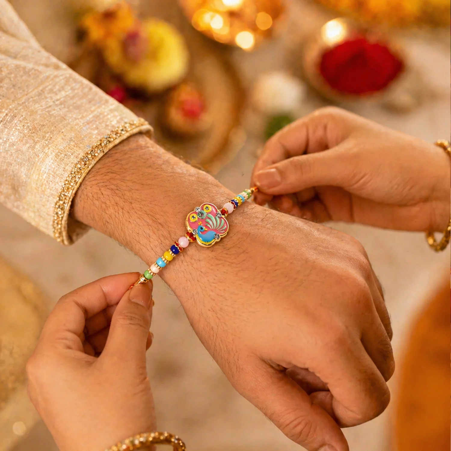 Colorful Peacock Design Rakhi with Decorative Beads (1 Pc) - Image 6