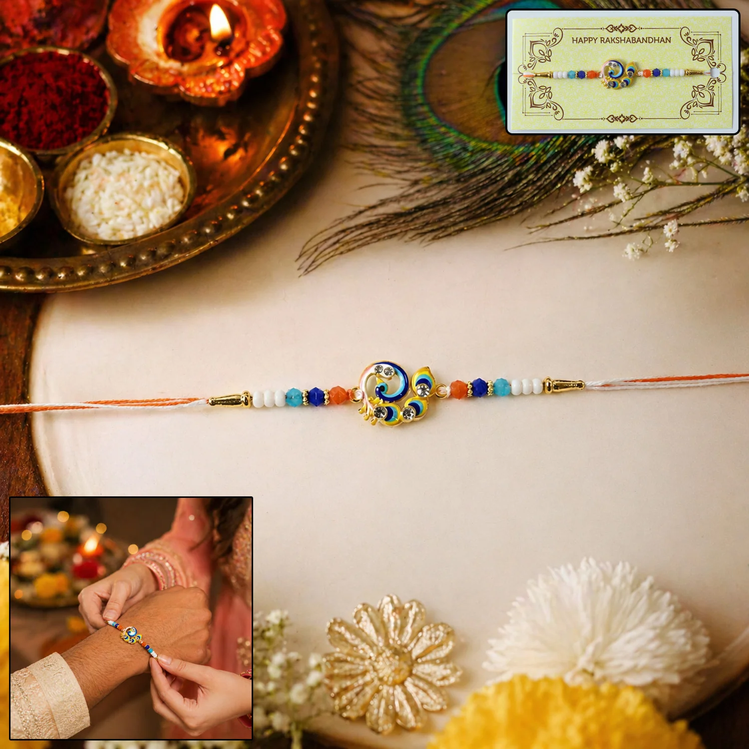 Designer Peacock Theme Rakhi with Colorful Beads (1 Pc) - Image 2