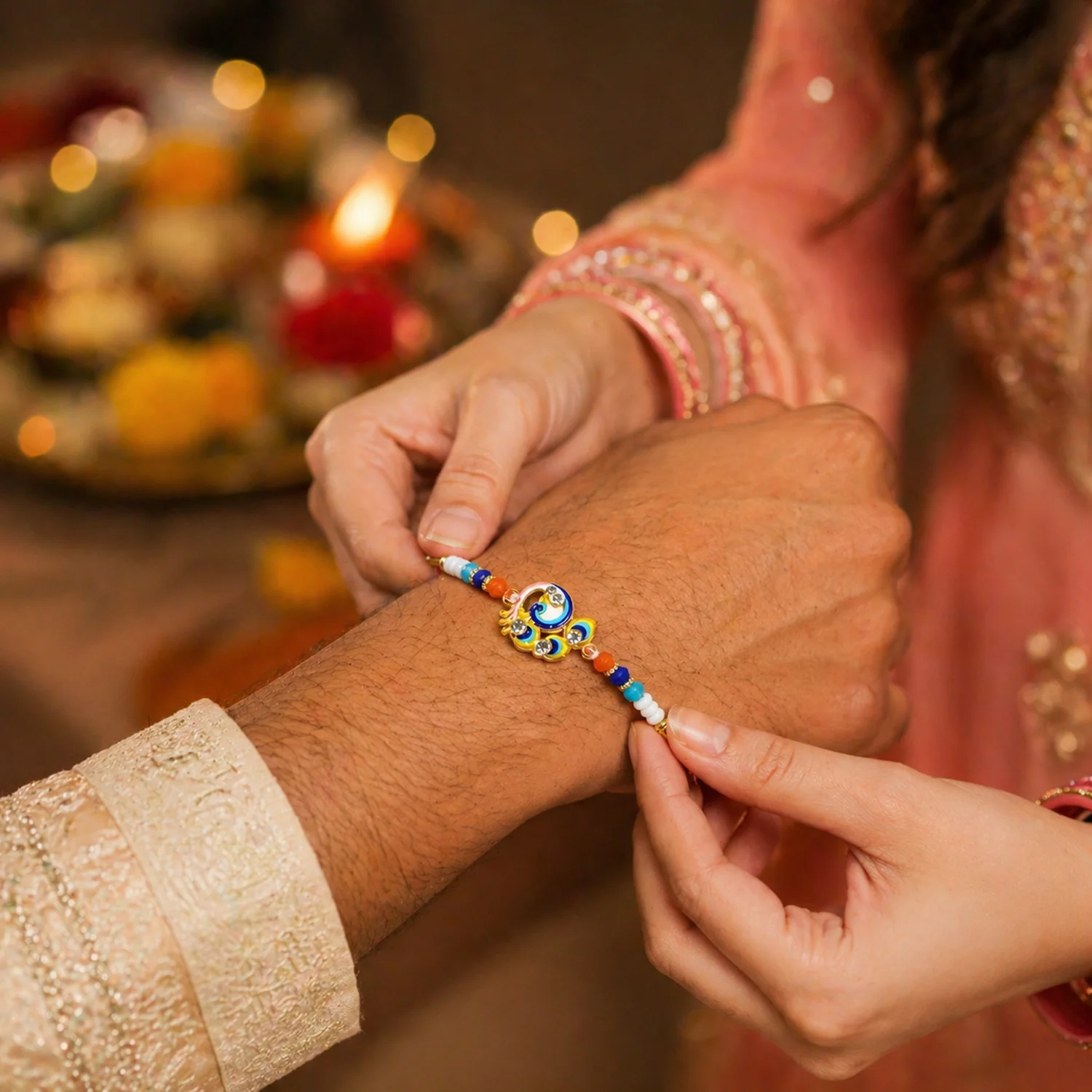 Designer Peacock Theme Rakhi with Colorful Beads (1 Pc) - Image 3