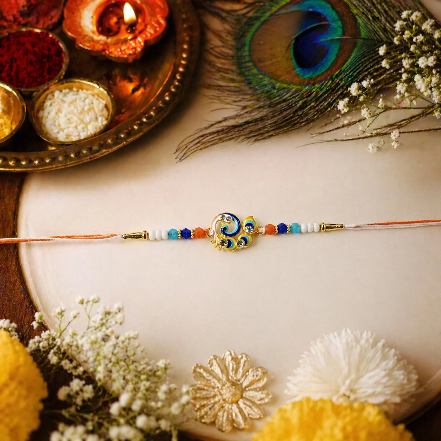 Designer Peacock Theme Rakhi with Colorful Beads (1 Pc) - Image 4