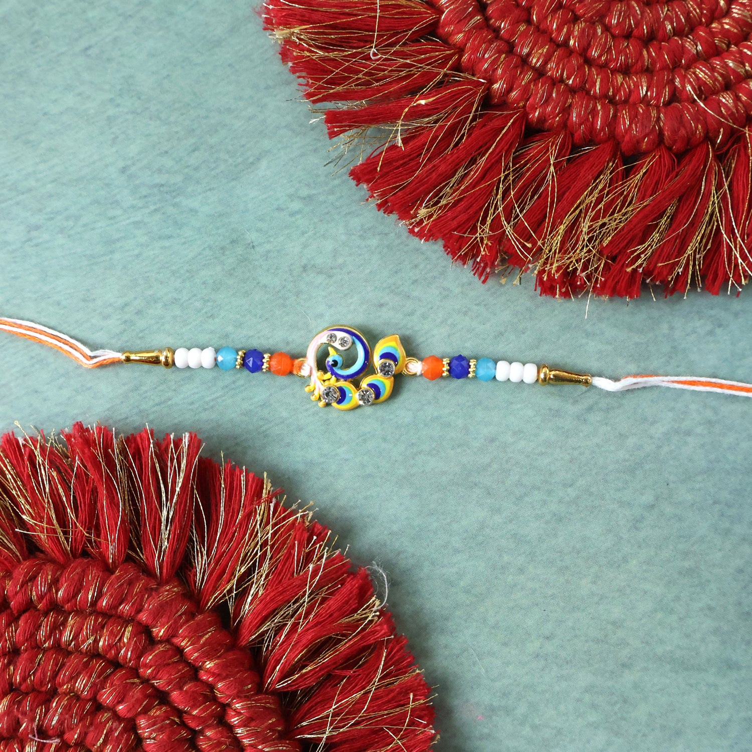 Designer Peacock Theme Rakhi with Colorful Beads (1 Pc) - Image 5