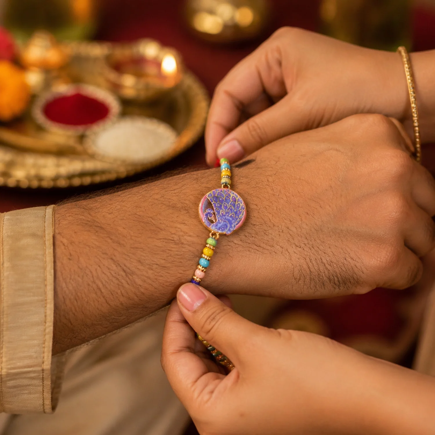 Elegant Peacock Design Rakhi with Multicolor Beads (1 Pc) - Image 4