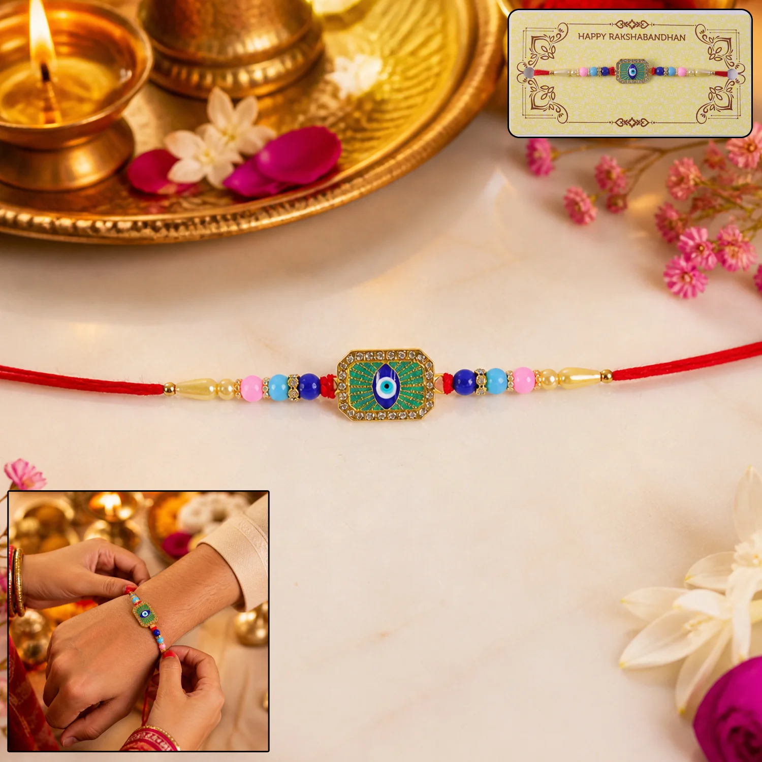 Stylish Evil Eye Rakhi with Mint Green Thread (1 Pc) - Image 2