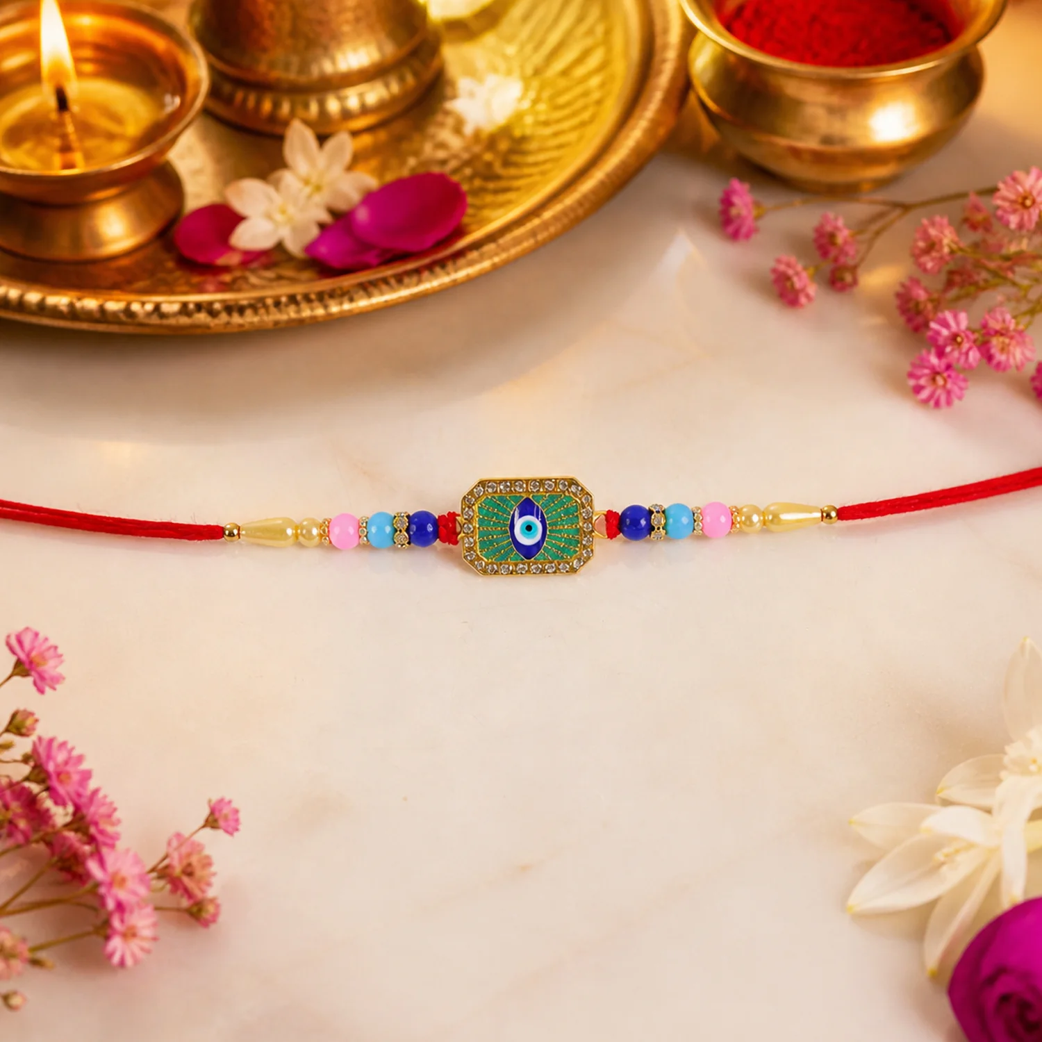 Stylish Evil Eye Rakhi with Mint Green Thread (1 Pc) - Image 3