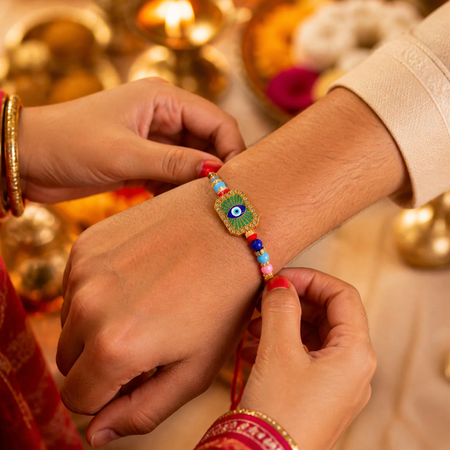 Stylish Evil Eye Rakhi with Mint Green Thread (1 Pc) - Image 4