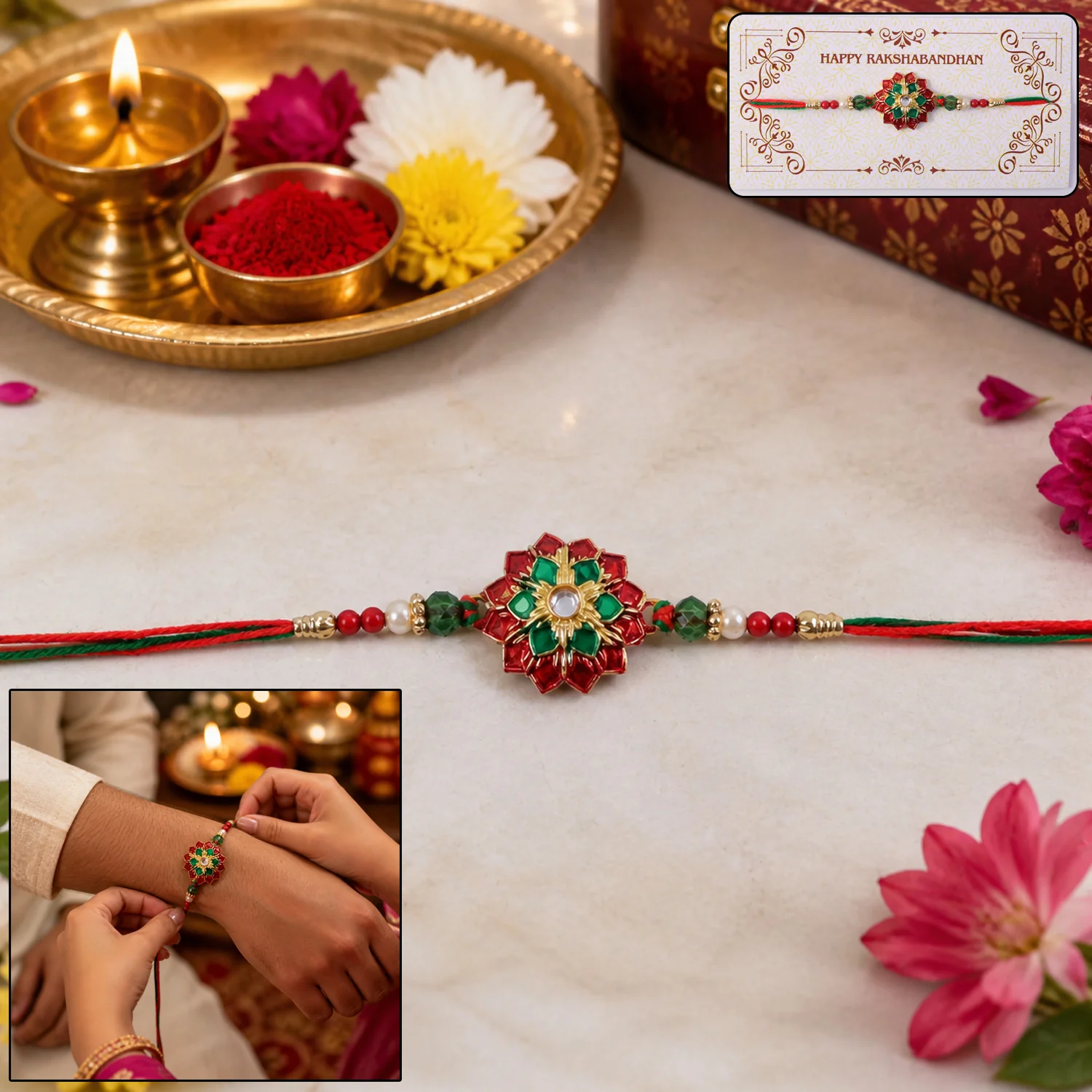 Traditional Floral Stone Work Rakhi with Red & Green Design Thread 1 Pc - Image 2