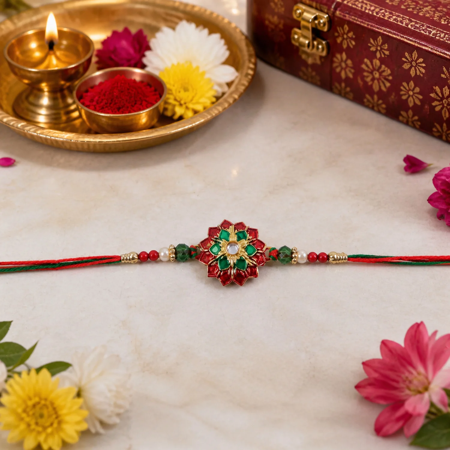 Traditional Floral Stone Work Rakhi with Red & Green Design Thread 1 Pc - Image 3
