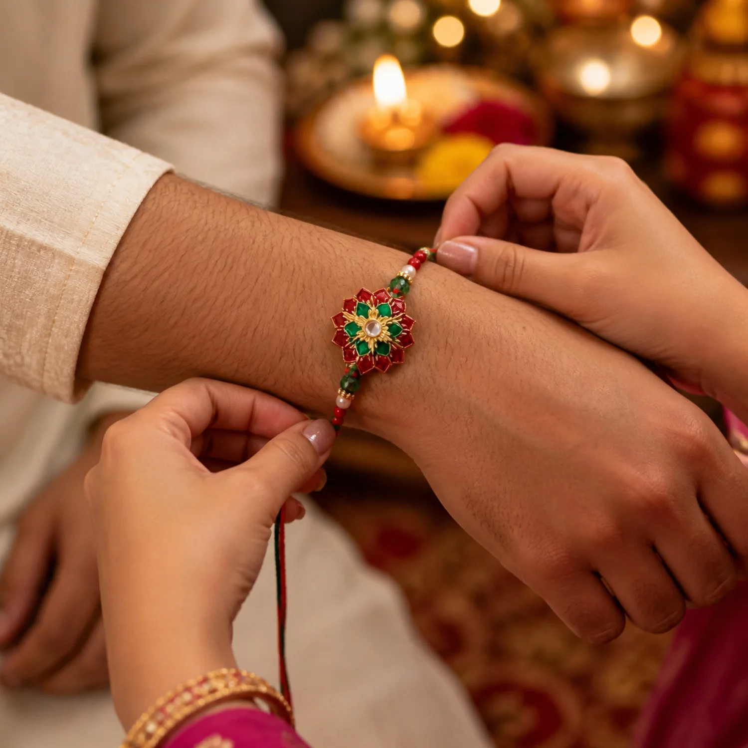 Traditional Floral Stone Work Rakhi with Red & Green Design Thread 1 Pc - Image 4