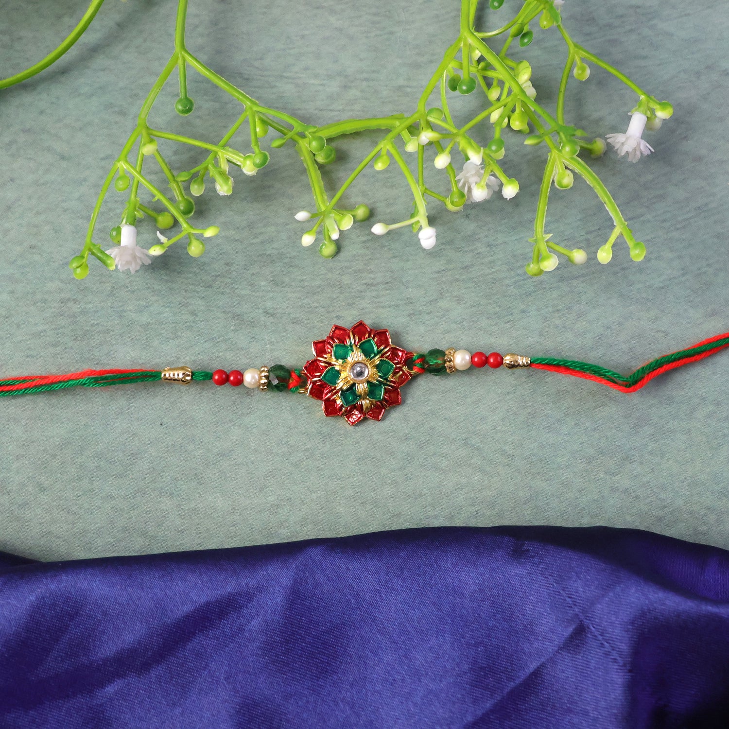 Traditional Floral Stone Work Rakhi with Red & Green Design Thread 1 Pc - Image 5