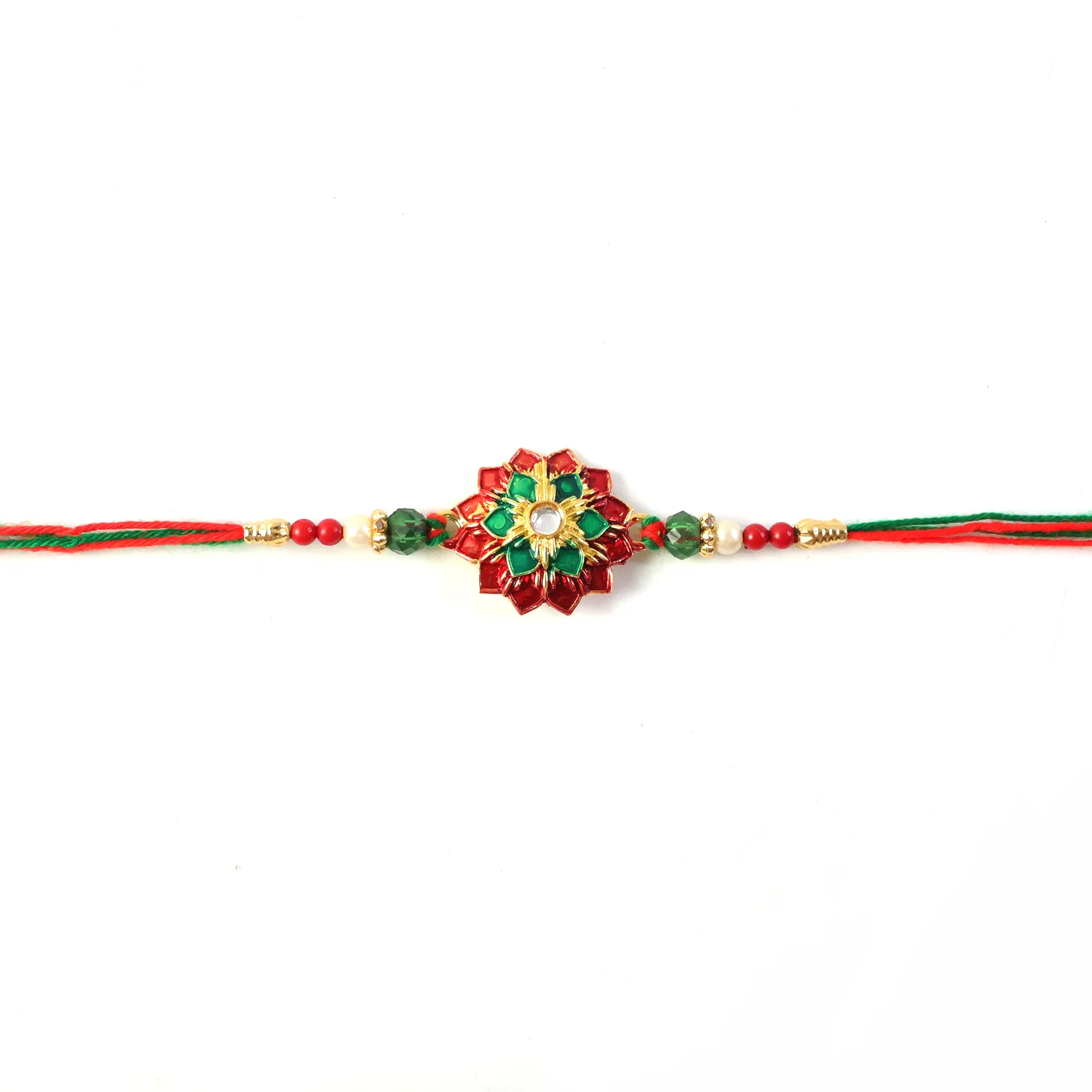 Traditional Floral Stone Work Rakhi with Red & Green Design Thread 1 Pc - Image 6