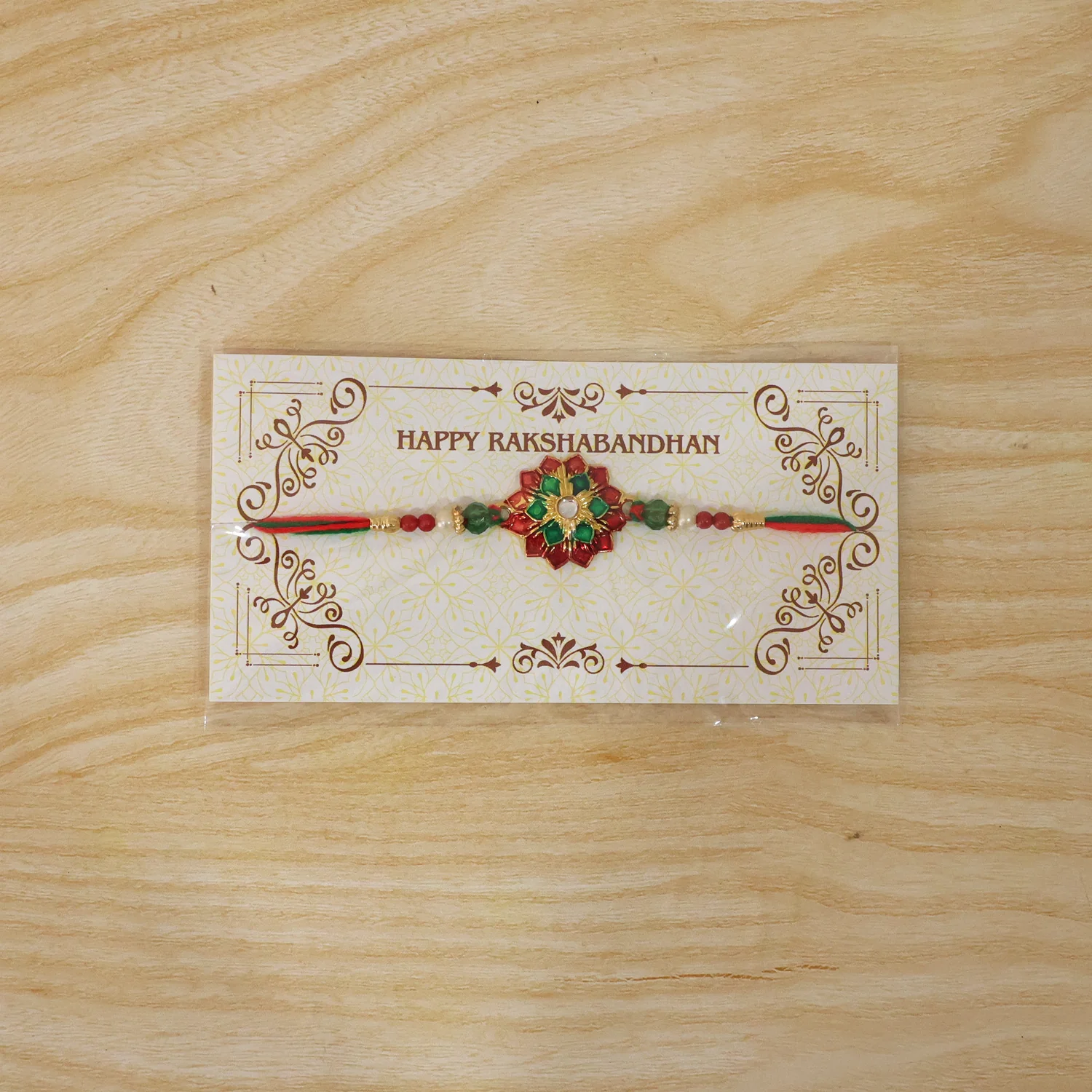 Traditional Floral Stone Work Rakhi with Red & Green Design Thread 1 Pc - Image 8