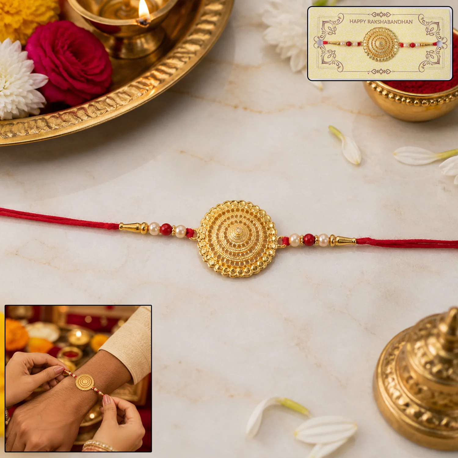 Premium Gold Round Designer Rakhi with Pearl Beads 1 Pc - Image 2