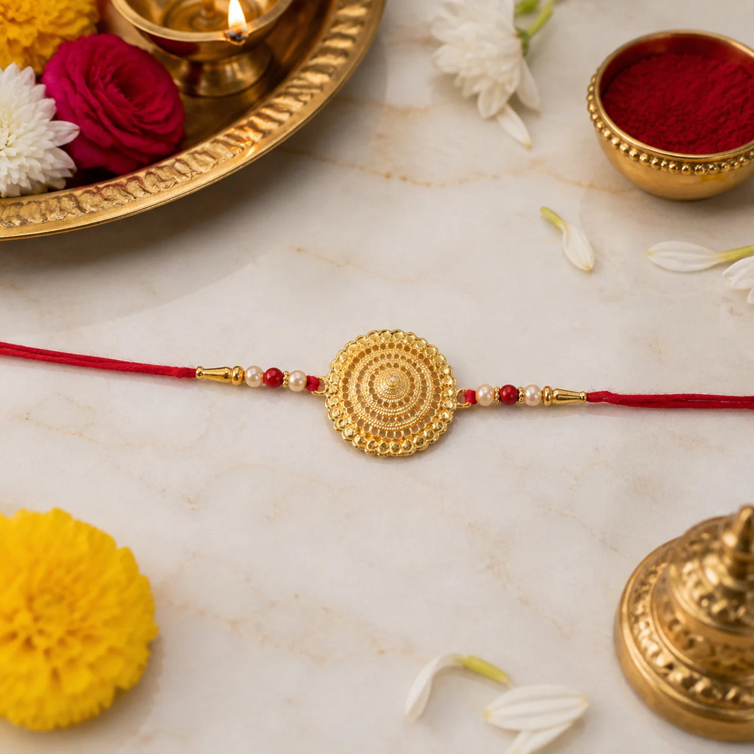 Premium Gold Round Designer Rakhi with Pearl Beads 1 Pc - Image 3