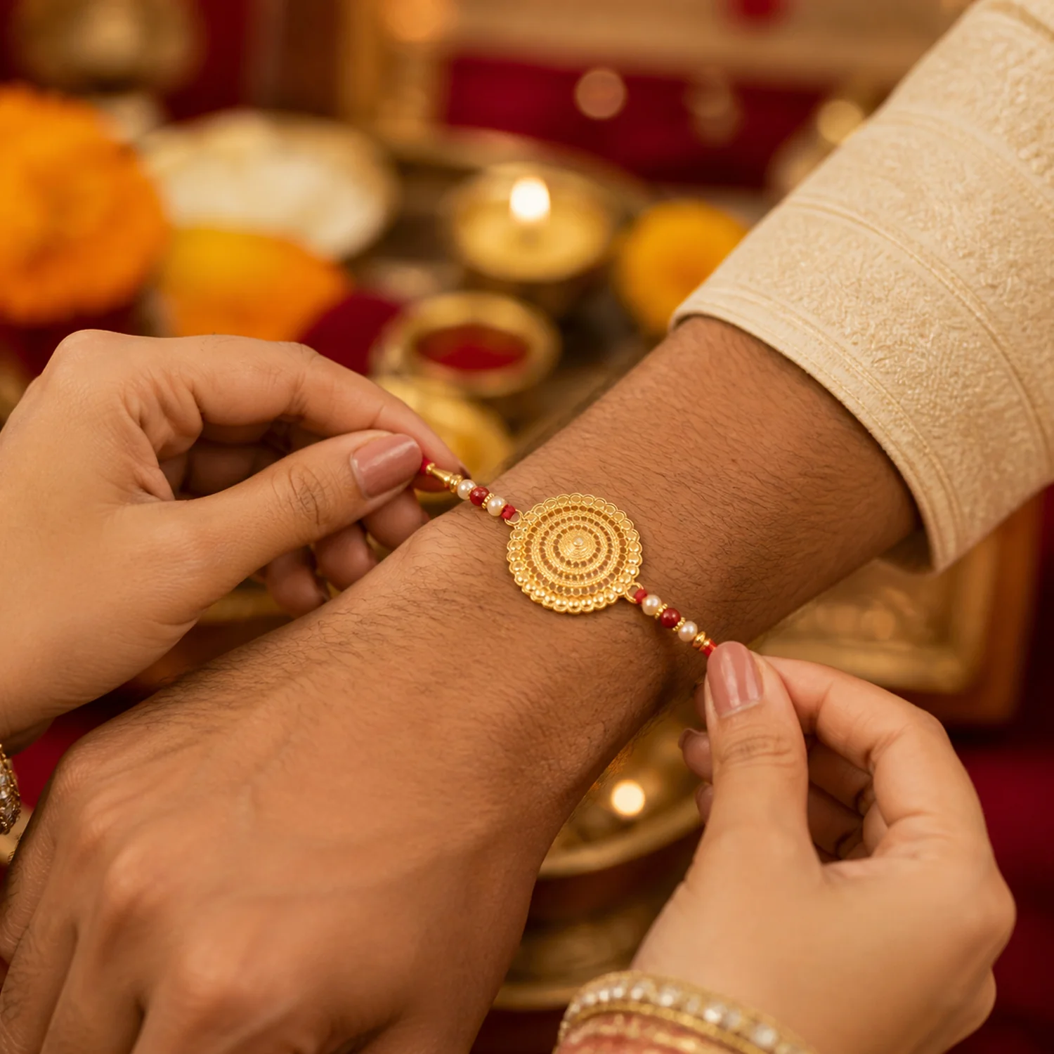 Premium Gold Round Designer Rakhi with Pearl Beads 1 Pc - Image 4