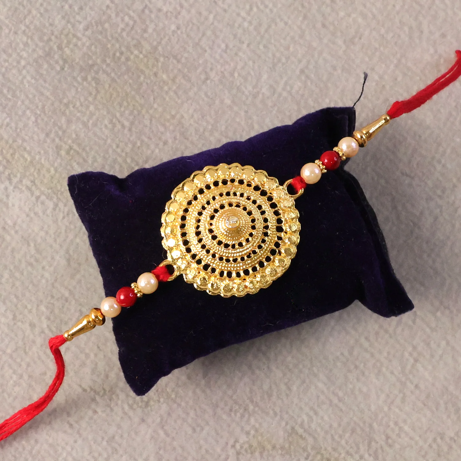 Premium Gold Round Designer Rakhi with Pearl Beads 1 Pc - Image 5