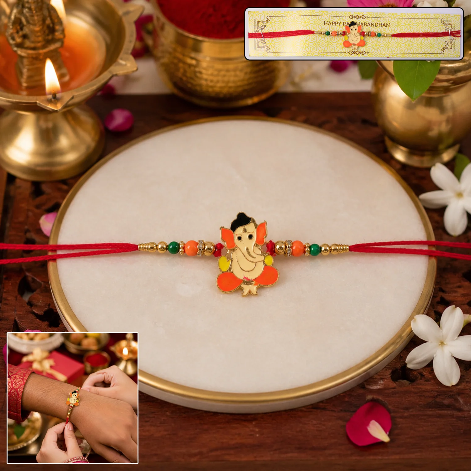 Lord Ganesha Designer Rakhi with Multicolor Beads Thread 1 Pc - Image 2