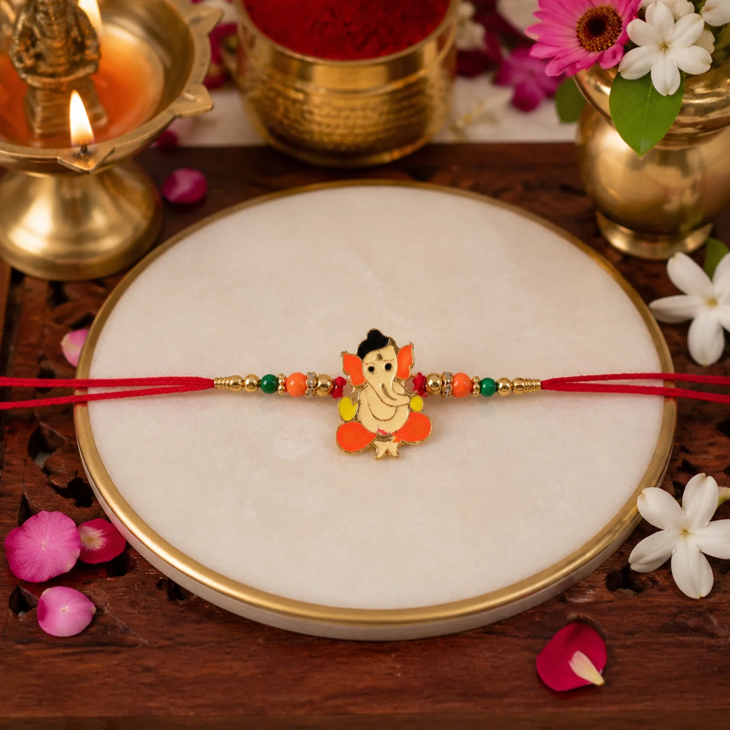 Lord Ganesha Designer Rakhi with Multicolor Beads Thread 1 Pc - Image 3