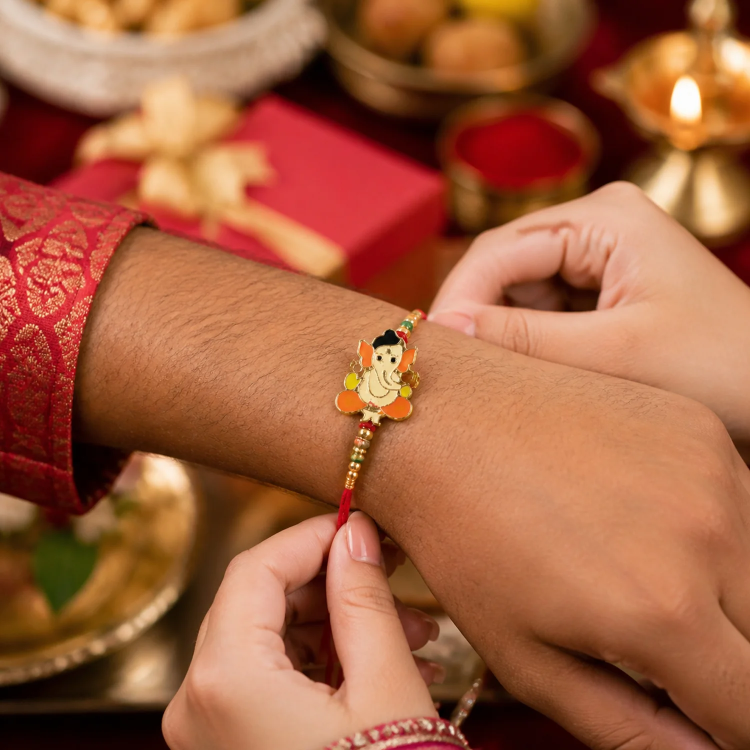 Lord Ganesha Designer Rakhi with Multicolor Beads Thread 1 Pc - Image 4