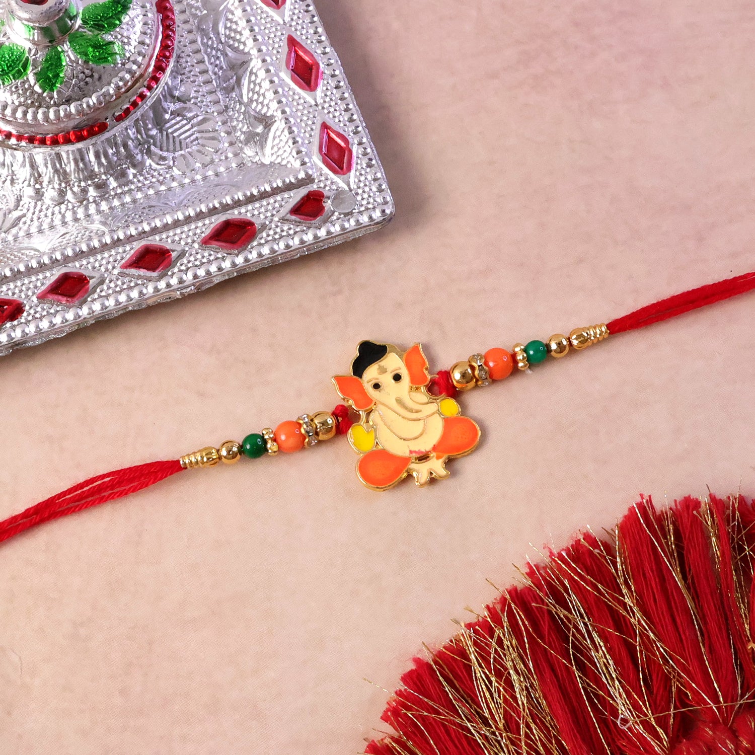 Lord Ganesha Designer Rakhi with Multicolor Beads Thread 1 Pc - Image 5
