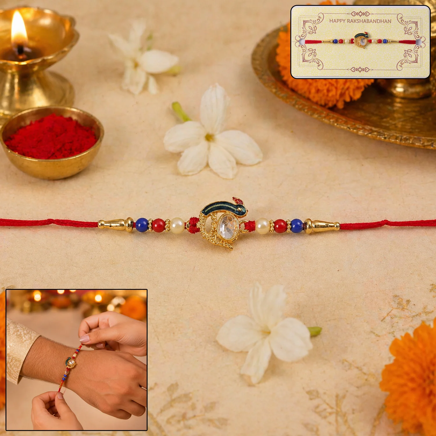 Elegant Stone Studded Designer Rakhi with Golden Finish Beads 1 Pc - Image 2