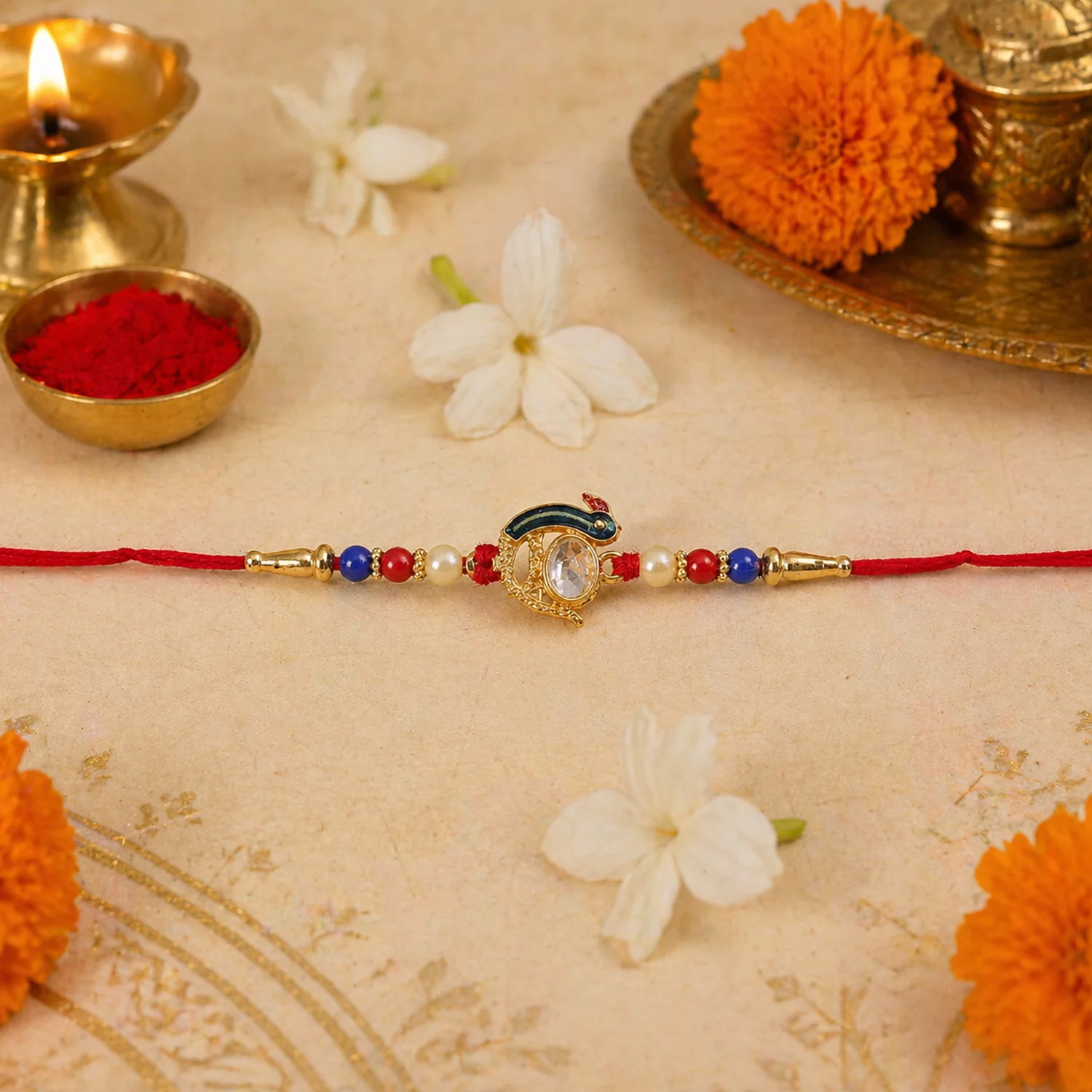 Elegant Stone Studded Designer Rakhi with Golden Finish Beads 1 Pc - Image 3