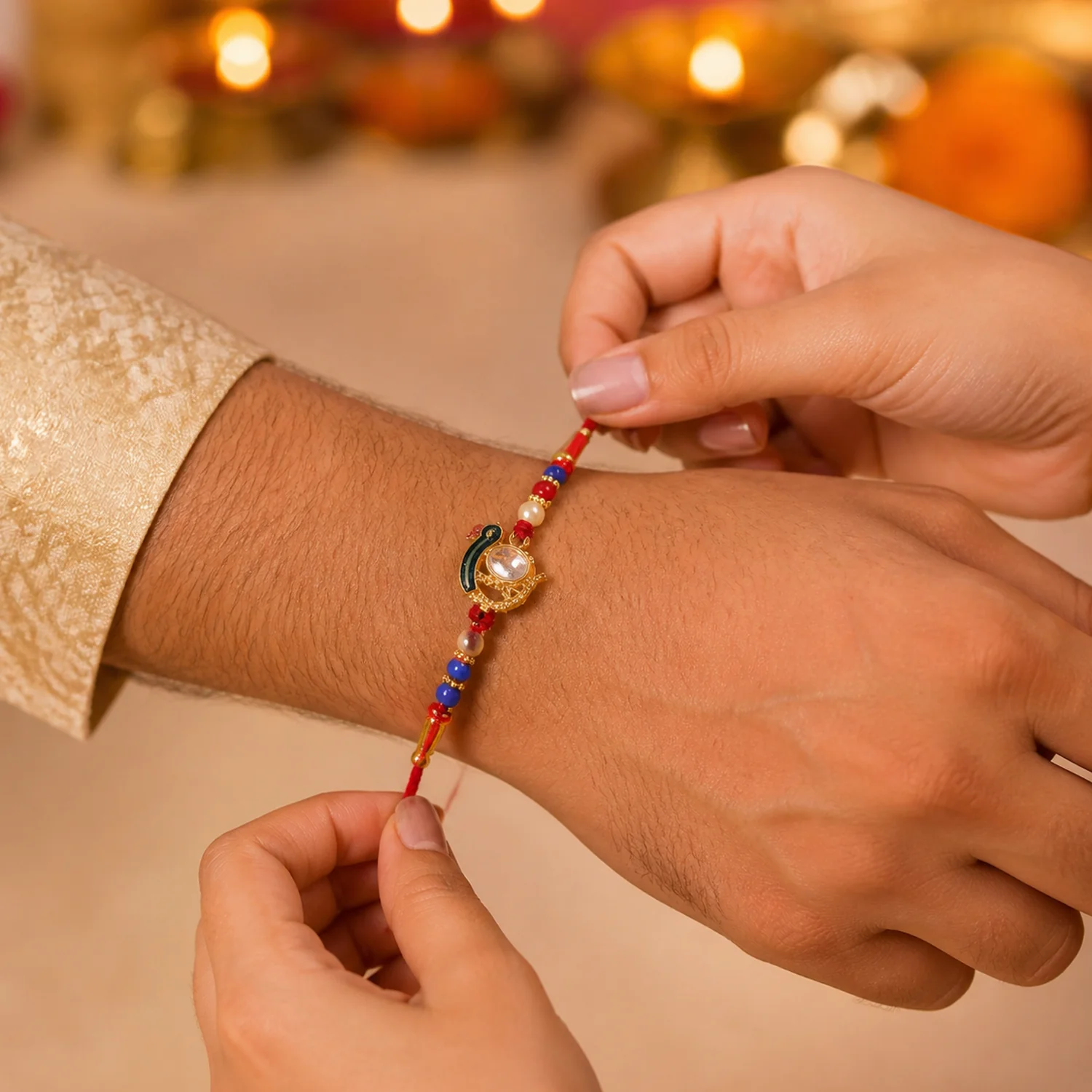Elegant Stone Studded Designer Rakhi with Golden Finish Beads 1 Pc - Image 4