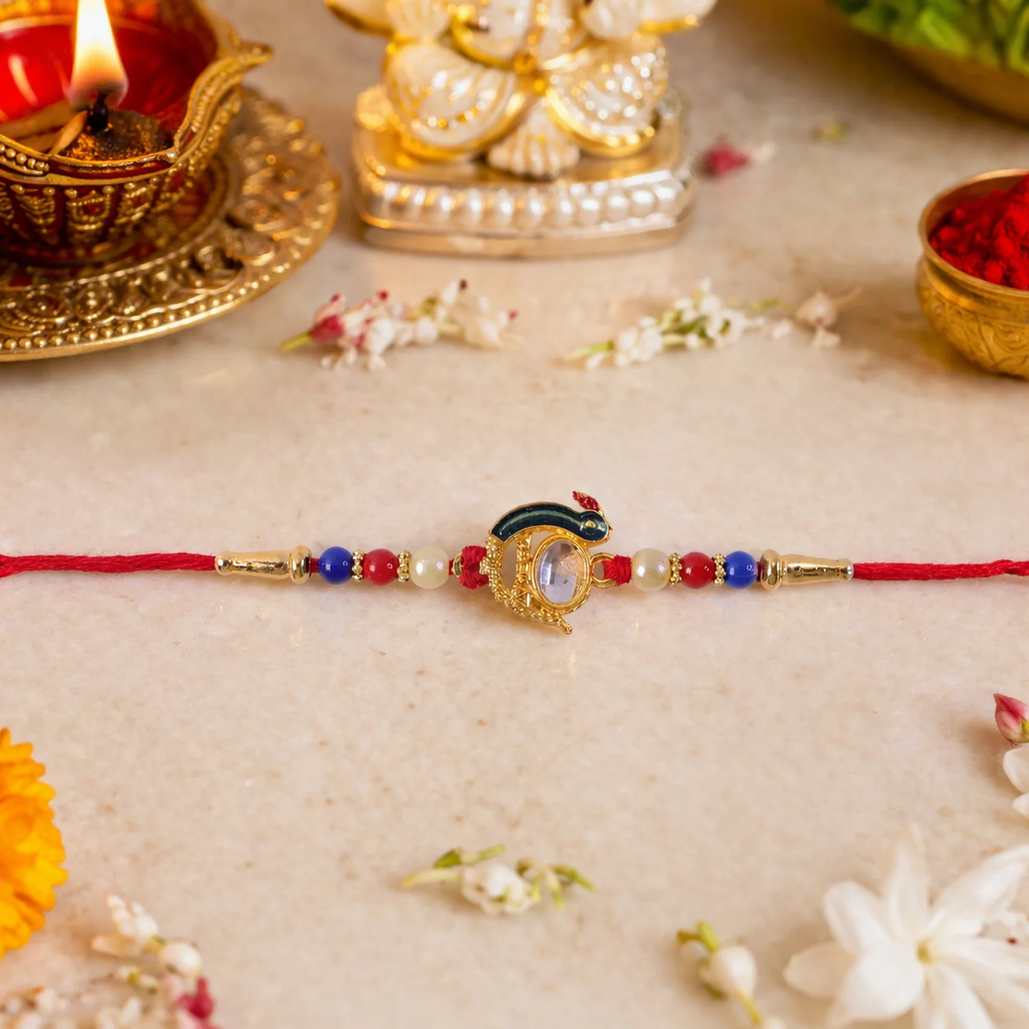 Elegant Stone Studded Designer Rakhi with Golden Finish Beads 1 Pc - Image 5