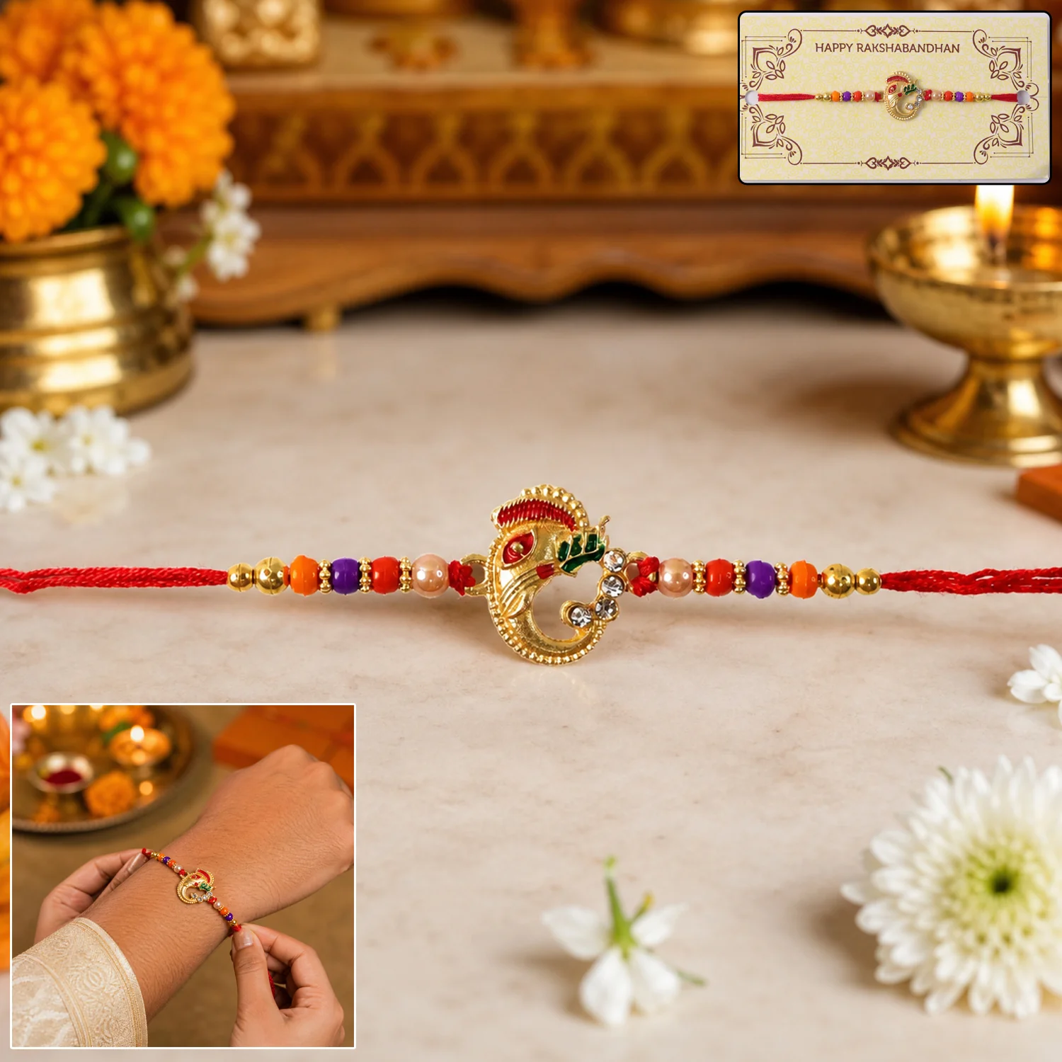 Traditional Ganesh Rakhi with Beads Thread Raksha Bandhan 1  (1 Pc) - Image 2