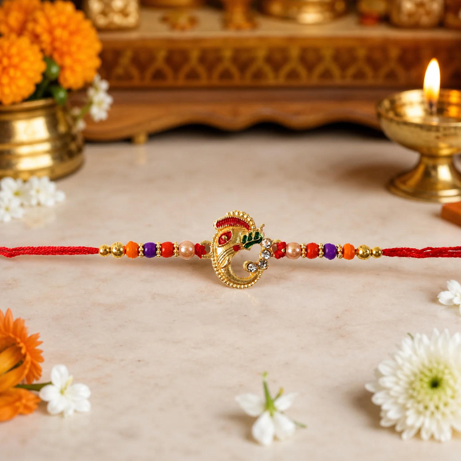 Traditional Ganesh Rakhi with Beads Thread Raksha Bandhan 1  (1 Pc) - Image 3