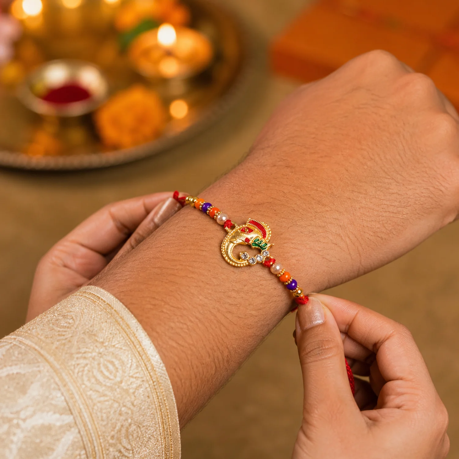 Traditional Ganesh Rakhi with Beads Thread Raksha Bandhan 1  (1 Pc) - Image 4
