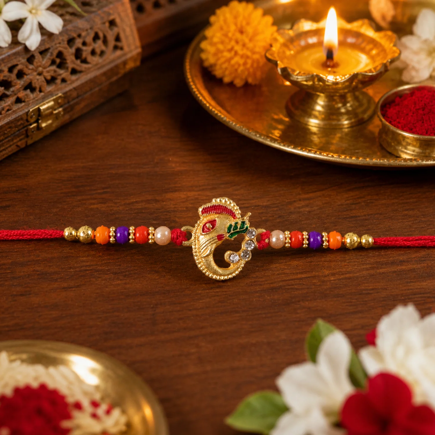 Traditional Ganesh Rakhi with Beads Thread Raksha Bandhan 1  (1 Pc) - Image 5