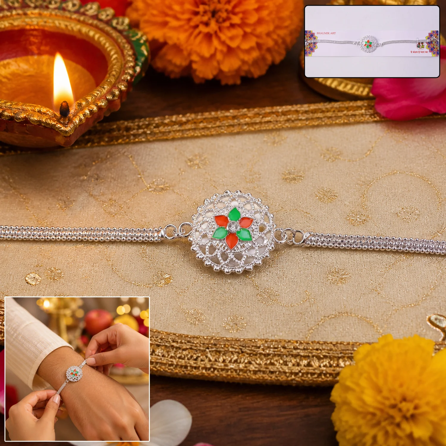 Silver Floral Designer Rakhi Bracelet for Raksha Bandhan (1 Pc) - Image 2