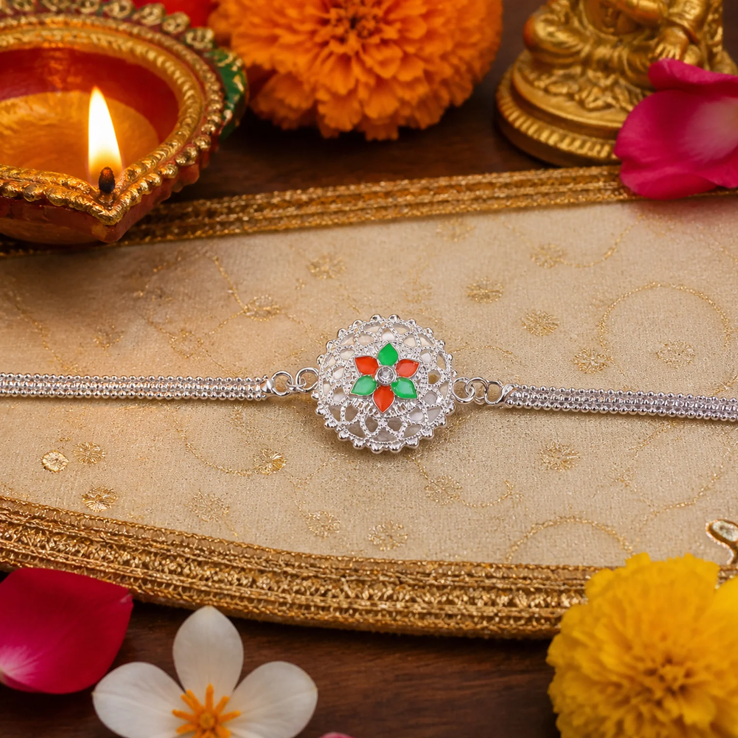 Silver Floral Designer Rakhi Bracelet for Raksha Bandhan (1 Pc) - Image 3