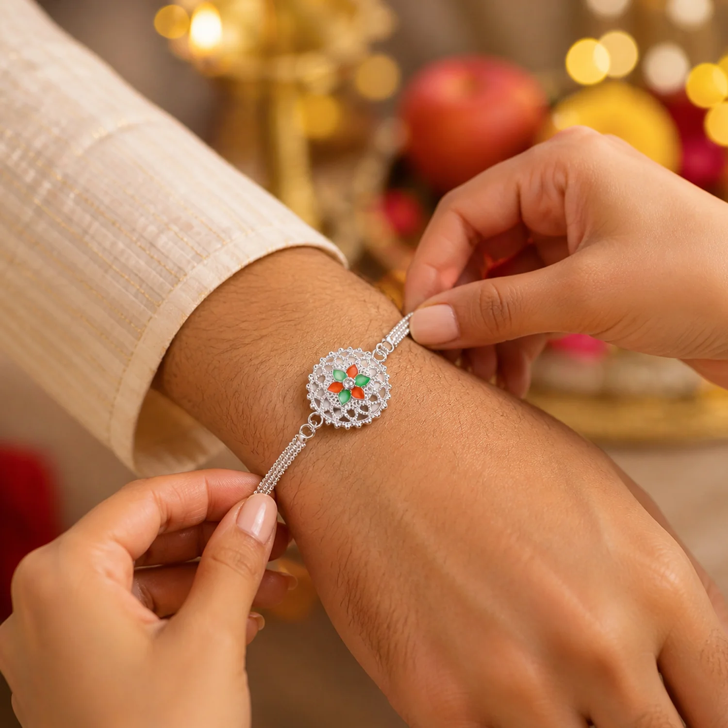 Silver Floral Designer Rakhi Bracelet for Raksha Bandhan (1 Pc) - Image 4