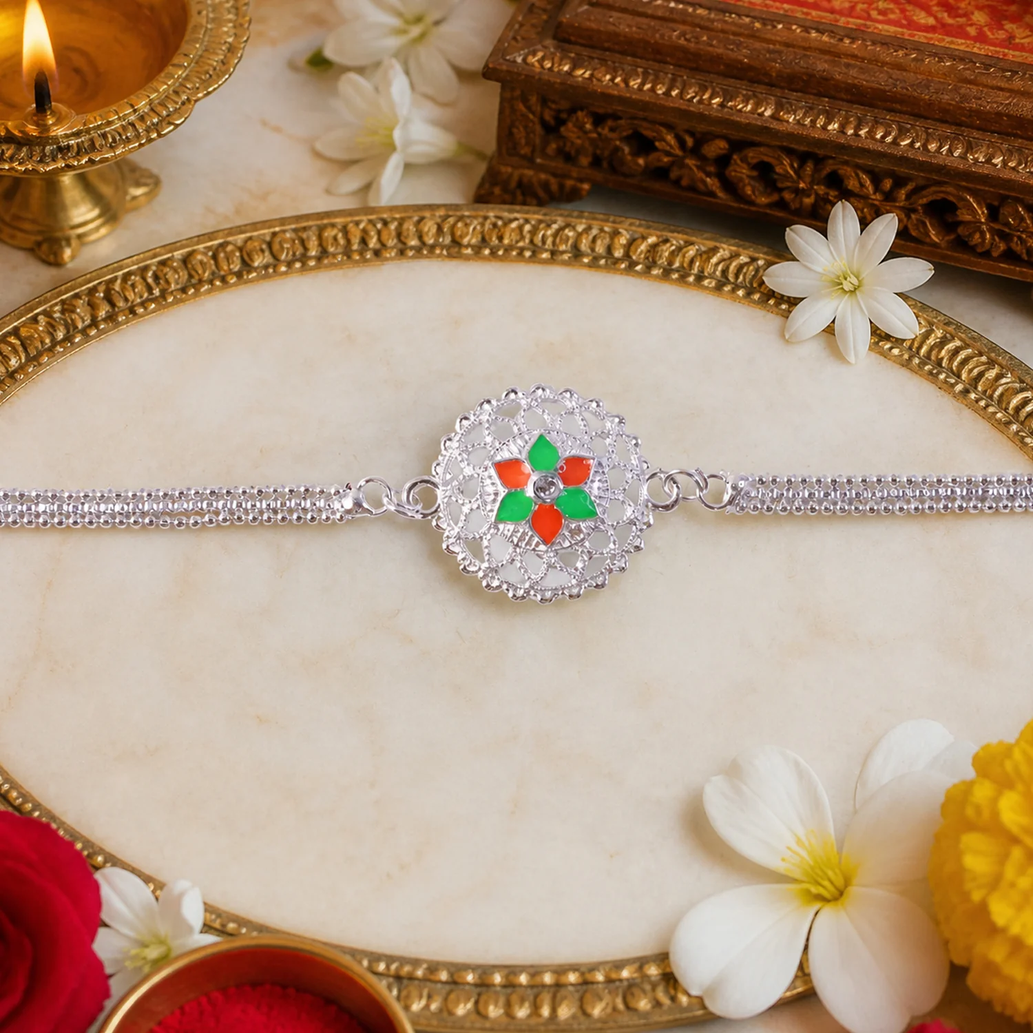 Silver Floral Designer Rakhi Bracelet for Raksha Bandhan (1 Pc) - Image 5
