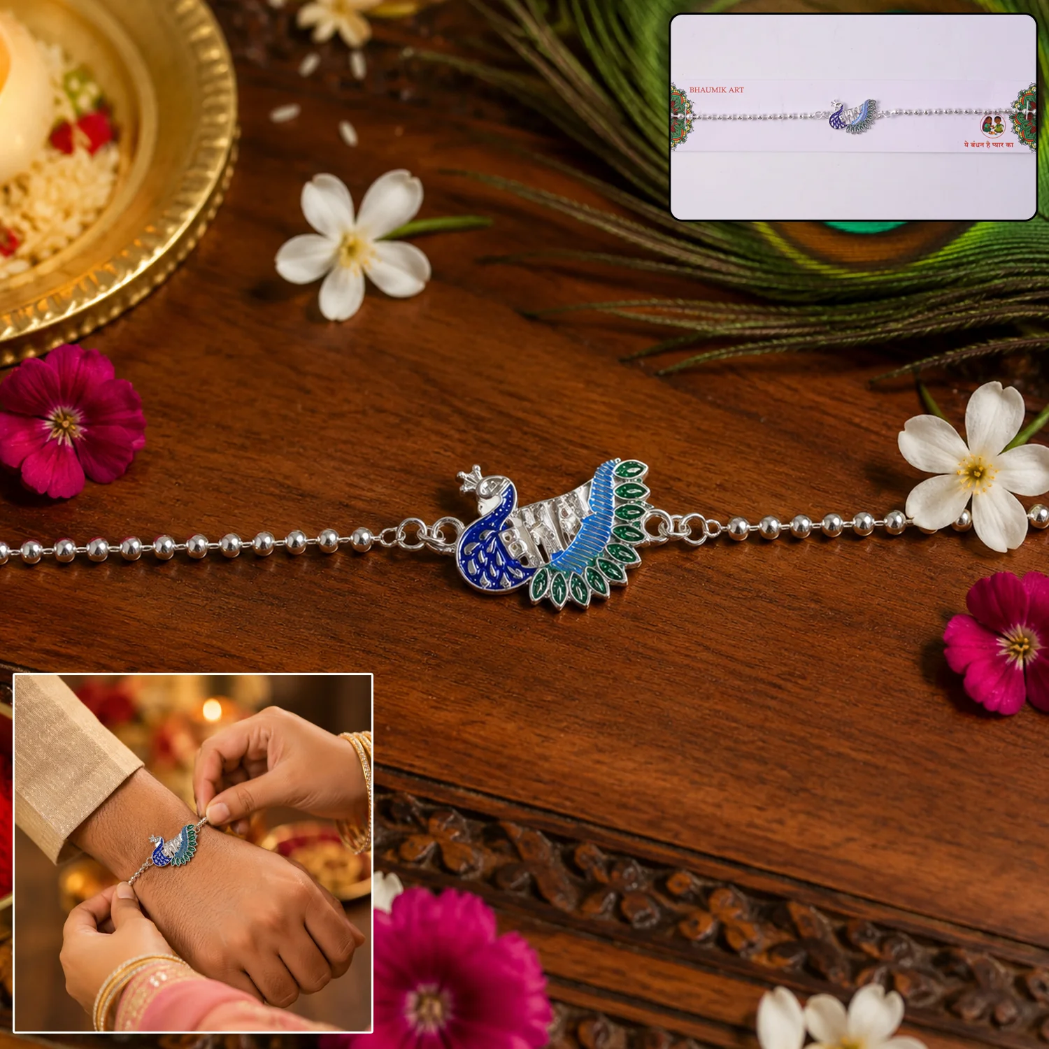 Silver Finish Peacock Design Rakhi with Beaded Chain Thread (1 Pc) - Image 2