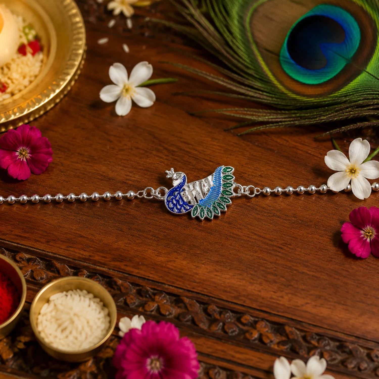 Silver Finish Peacock Design Rakhi with Beaded Chain Thread (1 Pc) - Image 3